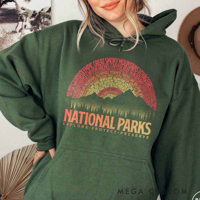 Personalized National Parks Vintage Sunset Hoodie 63 National Parks Gift for Outdoor Lover National Parks List Mountain Hoodie