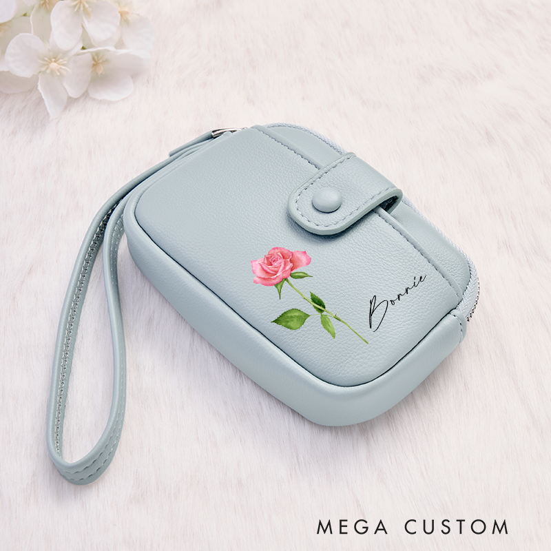 Personalized Leather Wristlet Wallet Birth Flower Wallet for her Leather Wallet With Zipper Purse Wallet Cute wallet Unique Gift for Her Birthday Gifts