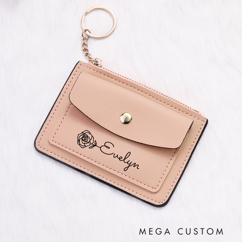 Personalized Leather Wallet for Girl Birth Flower Wallet for Her Credit Card wallet Leather Wallet With Zipper Purse Wallet Cute wallet Unique Gift for Her Birthday Gifts