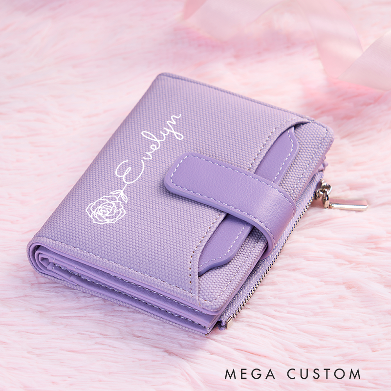 Personalized Leather Wallet for Girl Birth Flower Wallet for Her Zipper Wallet Purse Wallet Cute wallet Women's Purse Unique Gift for Her Birthday Gifts
