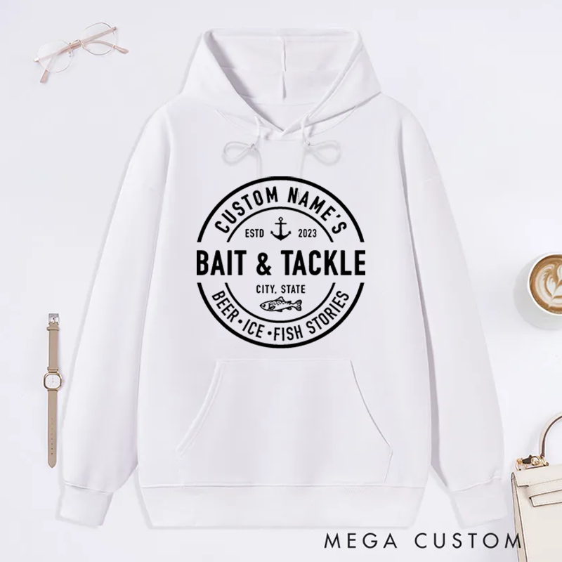 Personalized  Bait and Tackle Fishing Hoodie Boat Fishing Hoodie Custom Name Time and Place Design Perfect Gift for Fishing Enthusiasts