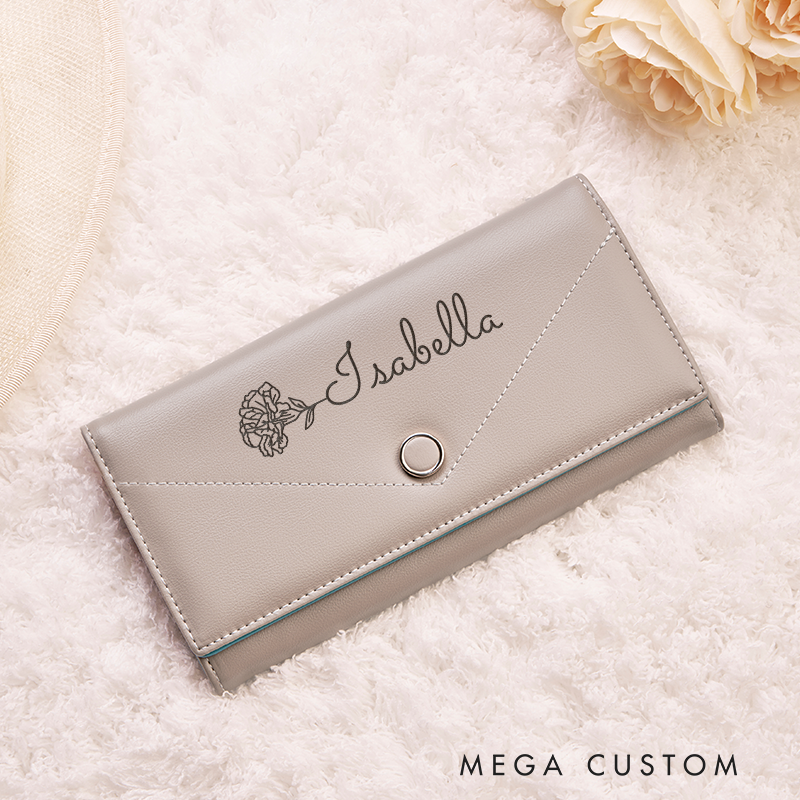 Personalized Leather Wallet for Women Birth Flower Leather Wallet Engraved Women Slim Wallet Clutch Purse Leather Wallet With Zipper Leather Wallet Leather Gift for Her Unique Gift for Her Birthday Gifts