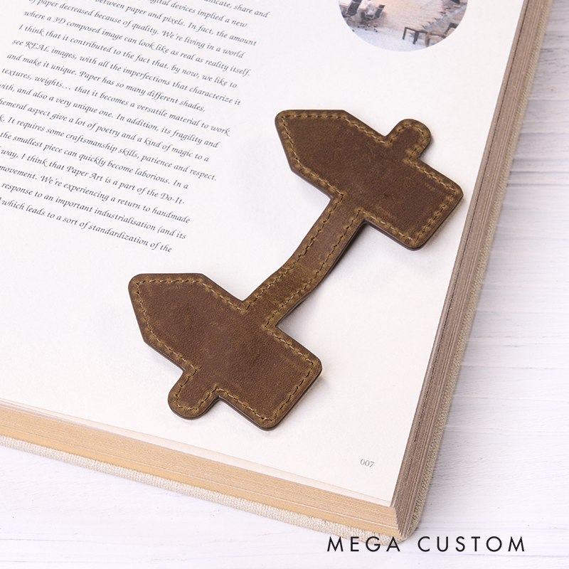 Personalized Leather Bookmark Road Sign Shaped Bookmark Custom Initials Engraved Page Marker, Unique Gift for Travelers and Adventurers Handmade Rustic Reading Accessory