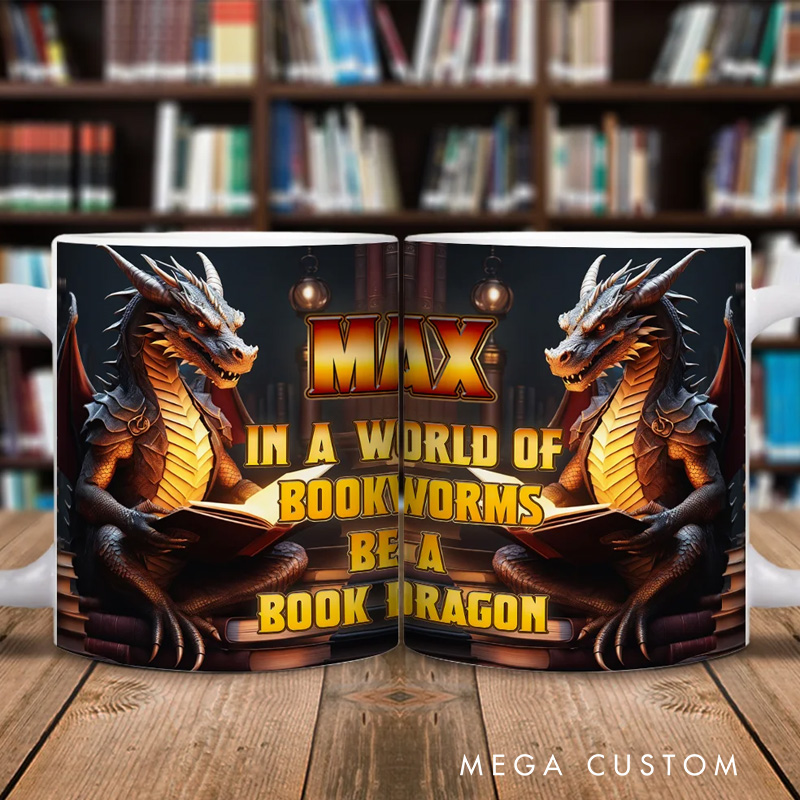Personalized Book Dragon Ceramic Mug with Name 11oz/15oz Bookish Coffee Mug Birthday Gift for Readers Dragon Lovers Fantasy Book Lovers