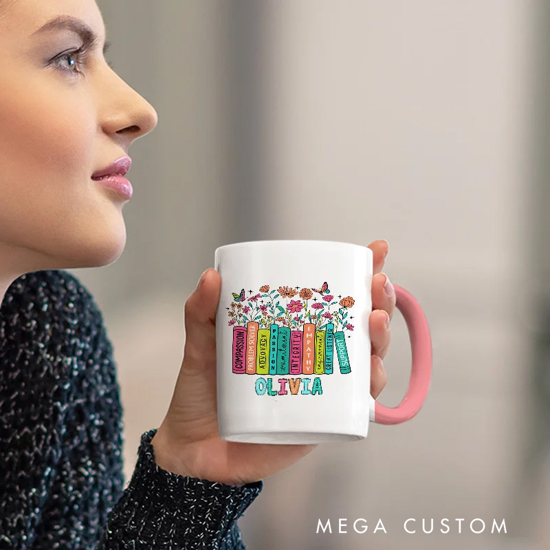 Personalized Floral Book Mug 11oz Ceramic Reading Accent Mug with Name for Bookworm Bookish Coffee Cup Book Lover Gift