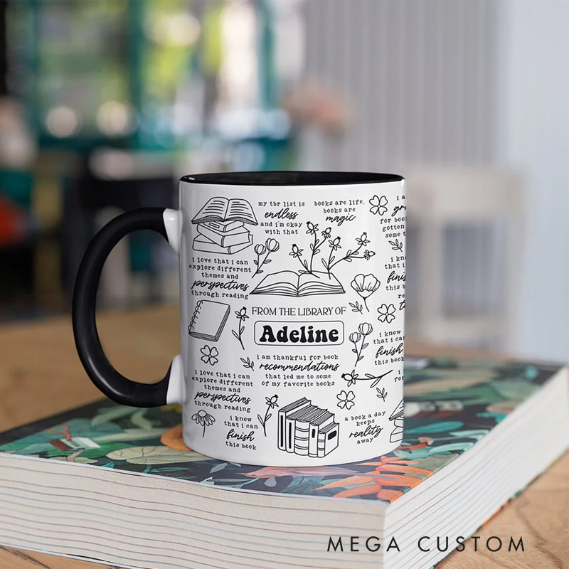 Personalized from the Library of Mug with Name Floral Book 11oz Ceramic Coffee Cup with Daily Affirmation Reading Accent Mug Gift for Family Friend Reading Lover