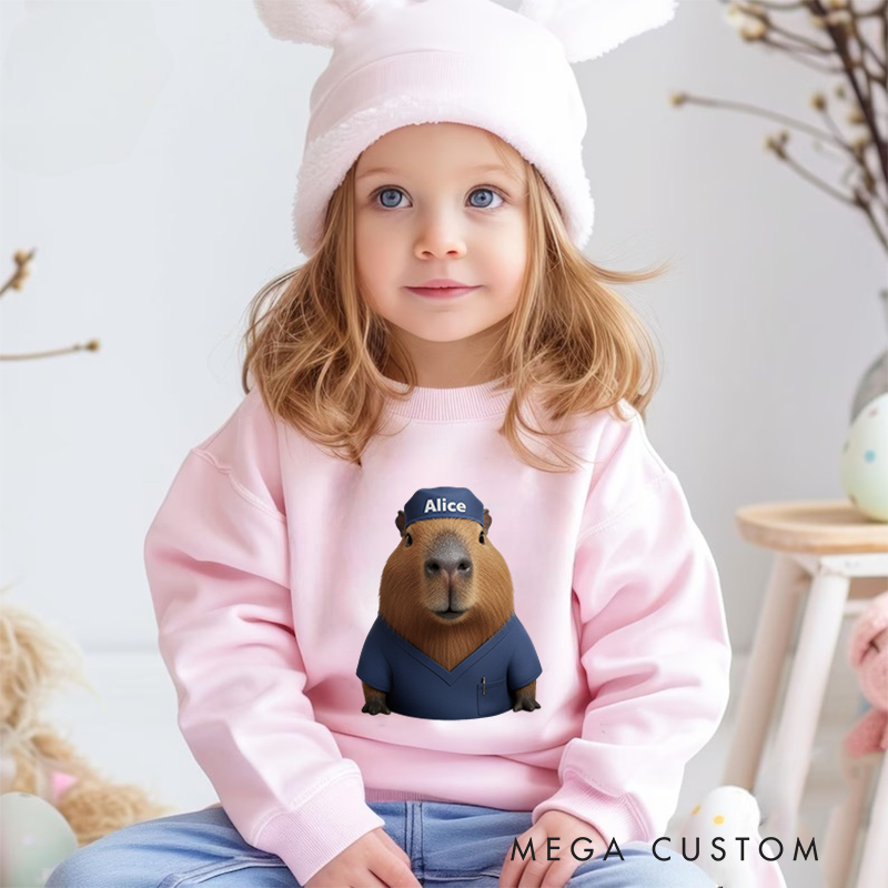 Personalized Kids Sweatshirt and Holiday Pullover with 3D Capybara Character Design Featuring Different Occupations for a Fun and Festive Winter Look