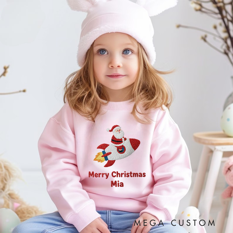 Personalized Kids Sweatshirt and Holiday Pullover with 3D Rocket Print and Santa Design Featuring Festive Christmas Elements for a Joyful Winter Look 