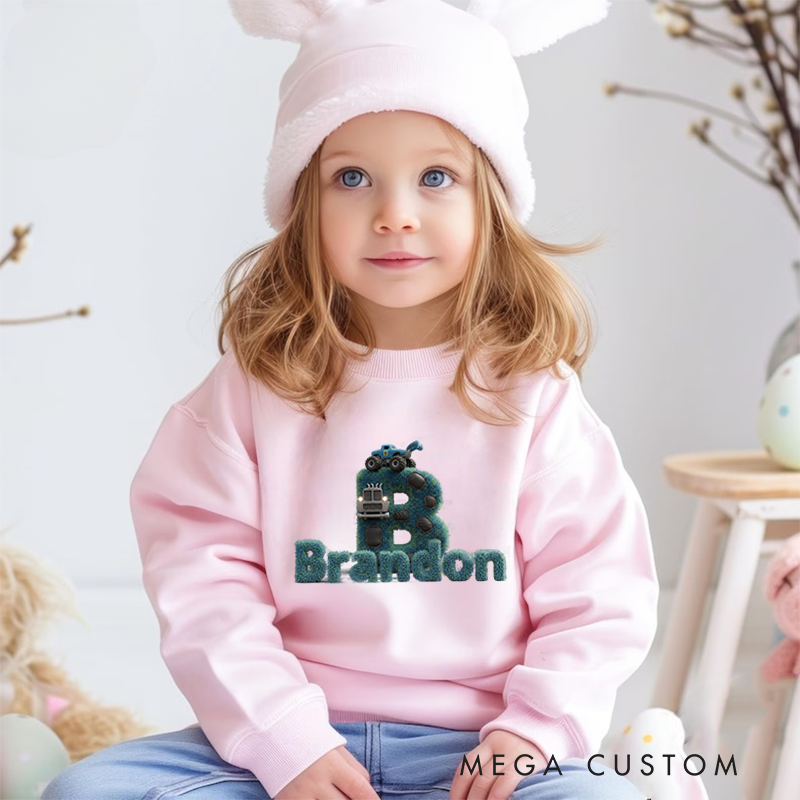 Personalized Kids Sweatshirt and Holiday Pullover with 3D Initial Letter and Robot Design Featuring Fun Cartoon Style for a Playful Everyday Look