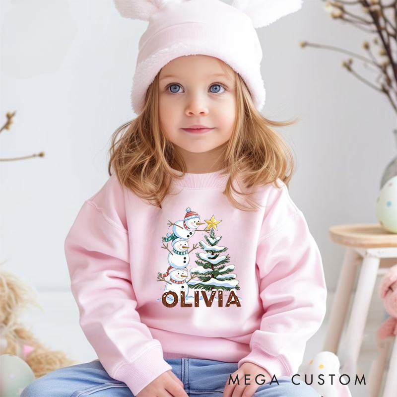 Personalized Kids Sweatshirt and Holiday Pullover with Snowman and Christmas Tree Design Featuring Festive Holiday Elements for a Merry Winter Look