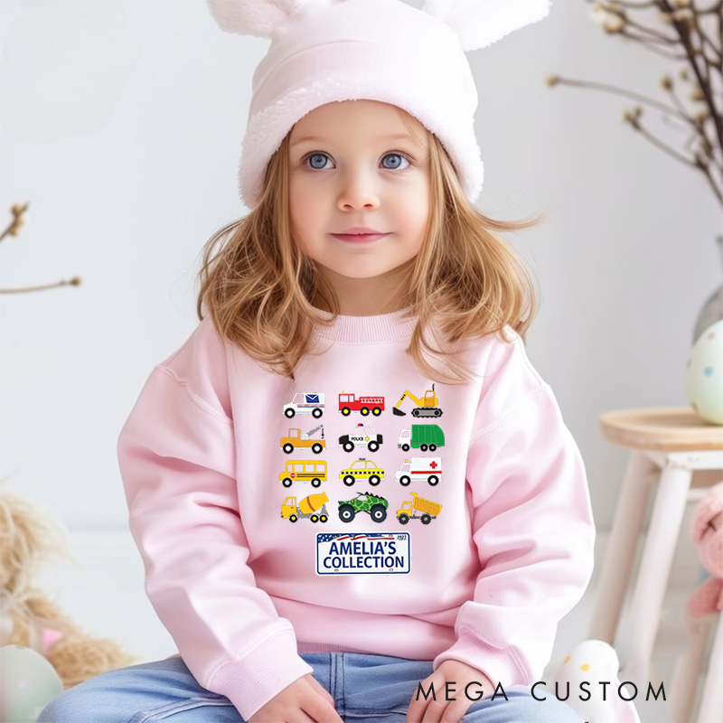 Personalized Kids Sweatshirt and Holiday Pullover with Colorful Vehicle Collection Design Featuring Cars Trucks and Excavators for a Fun Christmas Look