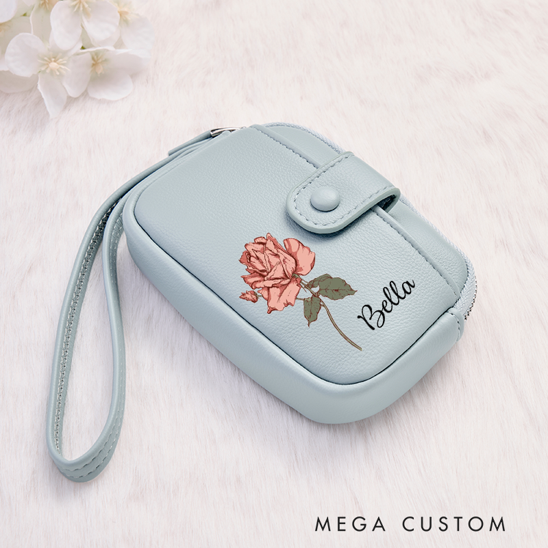 Personalized Leather Wristlet Wallet Birth Flower Wallet for her Leather Wallet With Zipper Purse Wallet Cute wallet Unique Gift for Her Birthday Gifts