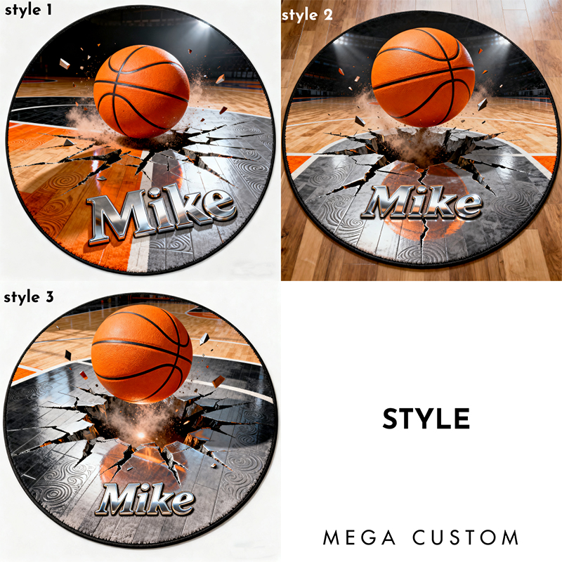Personalized Basketball Rug with Cracked Court Design Dynamic 3D Effects and Custom Name