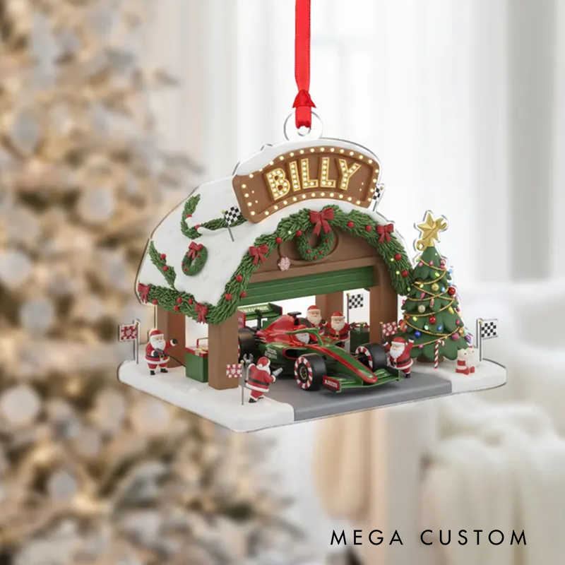 Personalized Racing Garage Ornament Custom Name Race Car Christmas Decor