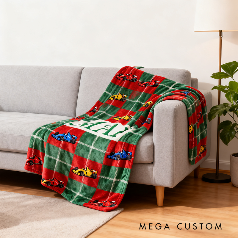 Personalized Racing Themed Blanket Custom Name Number Soft Cozy Sherpa Fleece Throw Blankets Sport Gift