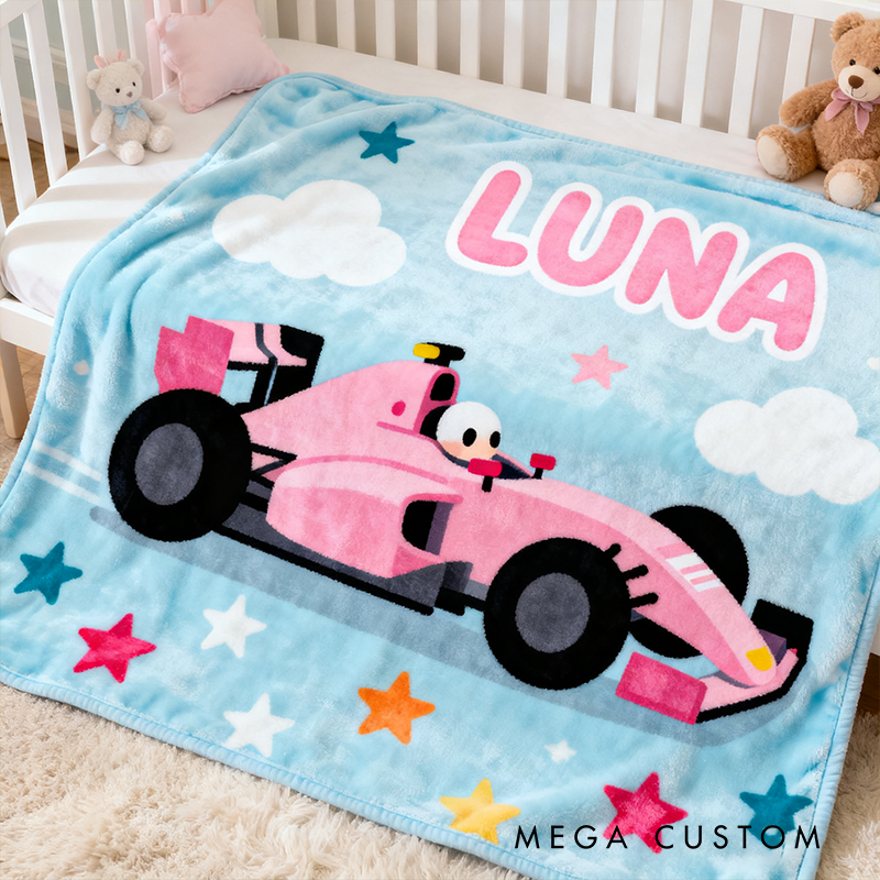 Personalized Pink Racing Car Blanket Custom Name Soft Cozy Sherpa Fleece Throw Blankets Sport Gift