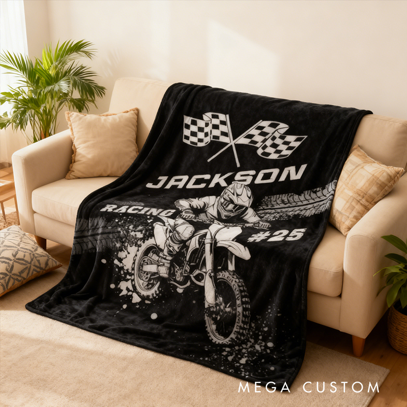 Personalized Dirt Bike Racing Blanket Custom Name Racing Car Blanket Xmas Gift