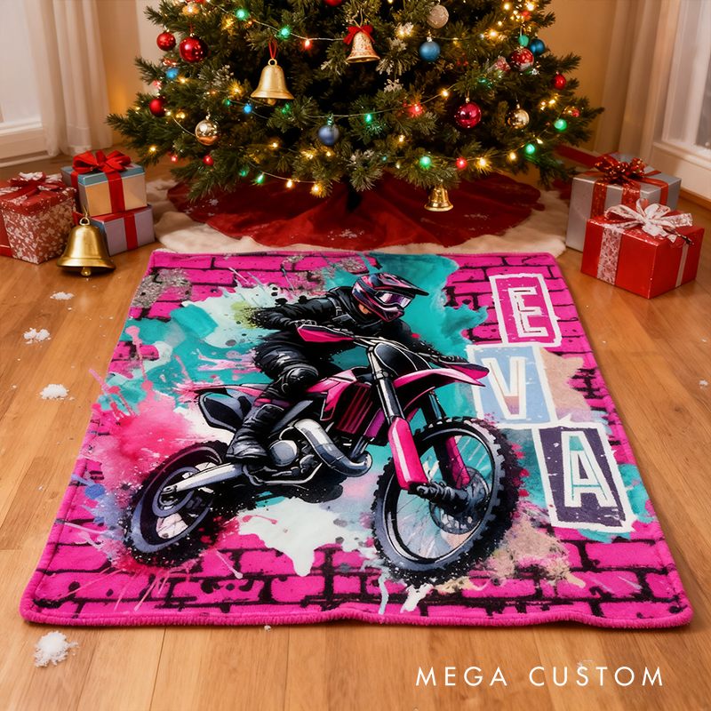 Personalized Pink Motocross Christmas Blanket Racing Lover Blanket Xmas Gift