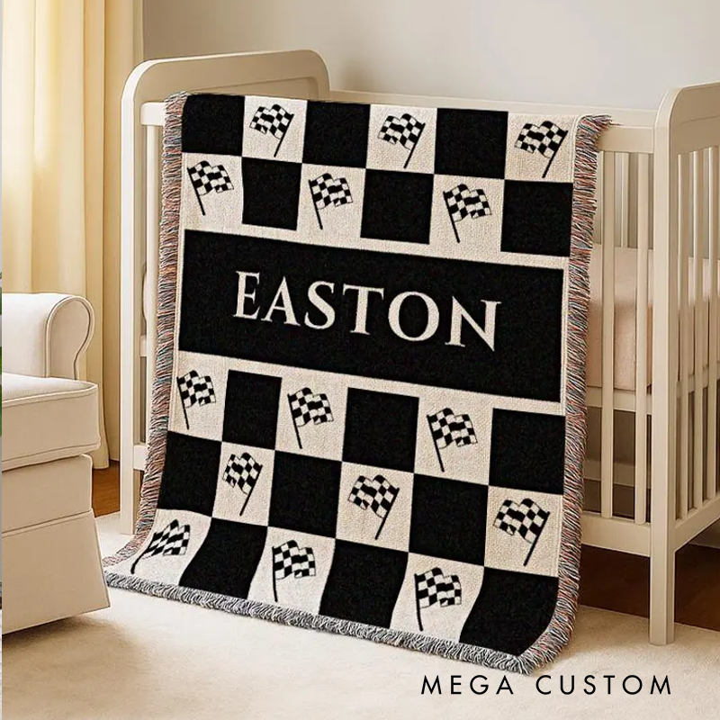 Personalized Race Car Baby Blanket Checkered Woven Cotton Boy Gift