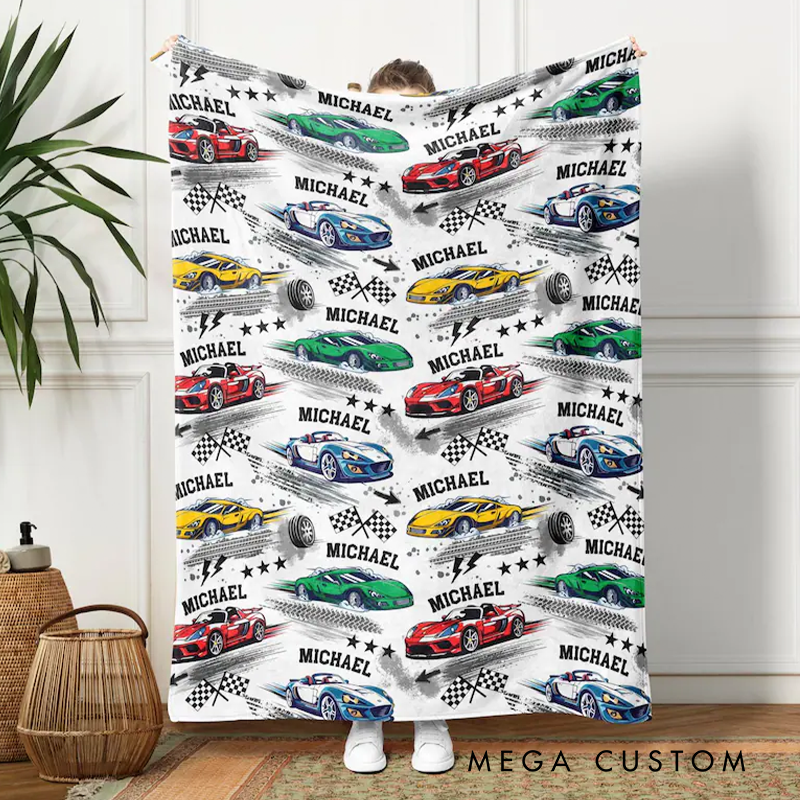 Personalized Race Car Blanket Custom Name Race Car Throw Blanket Xmas Gift