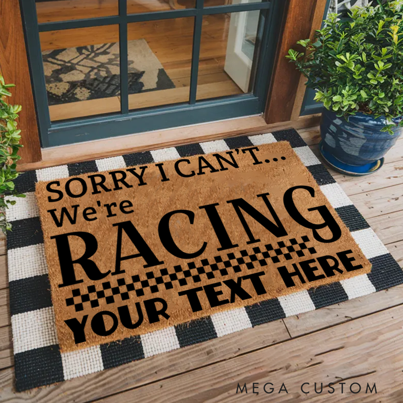 Personalized We’re Racing Doormat with Checkered Flag Accent