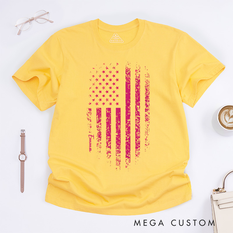 Personalized Breast Cancer Awareness Pink Distressed American Flag T-Shirt