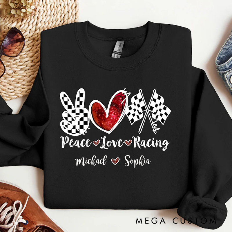 Personalized Peace Love Racing Sweater Racing Sweatshirt For Women Race Day Sweatshirt Race Season Gifts Checkered Flag Hoodie