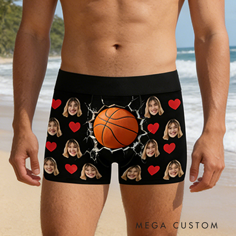 Personalized 3D Funny Basketball Boxer Shorts with Custom Photo andRomantic Heart Graphics Valentine's Day Gift for Men