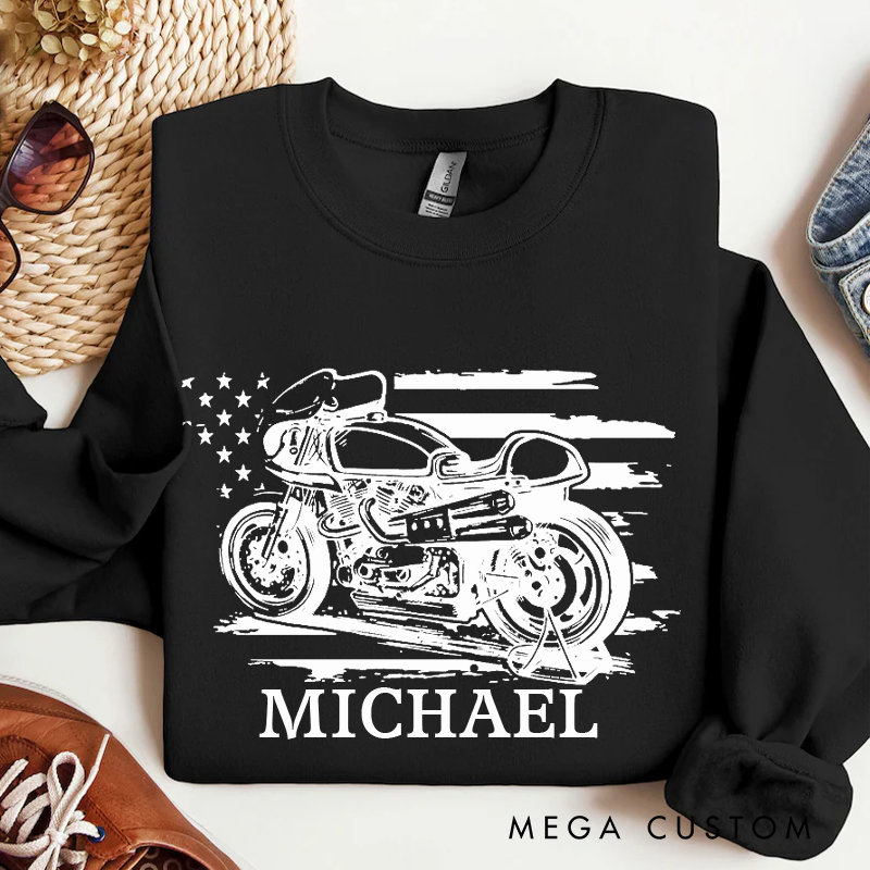 Personalized Pink Motorcycle & USA Flag Sweatshirt Custom Moto Crewneck Sweatshirt 