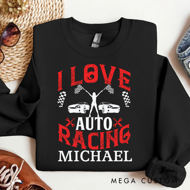 Personalized Long-Sleeve Sweatshirt Custom I Love Auto Racing Design Moto Crewneck Sweatshirt 