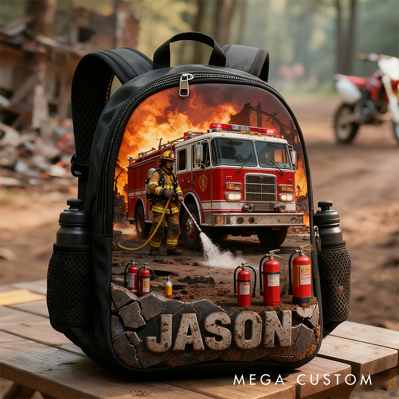 Personalized Firefighter Themed Backpack Custom Heroic Design with Fire Truck Backpack