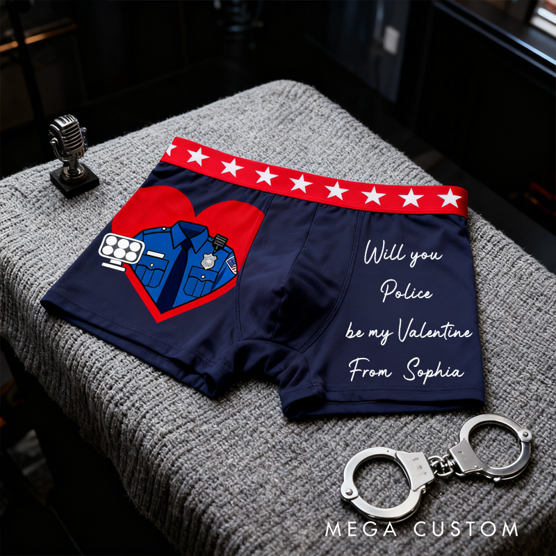 Personalized Police Themed Boxer Briefs Custom Will You Police Be My Valentine Boxer Brief Underwear 