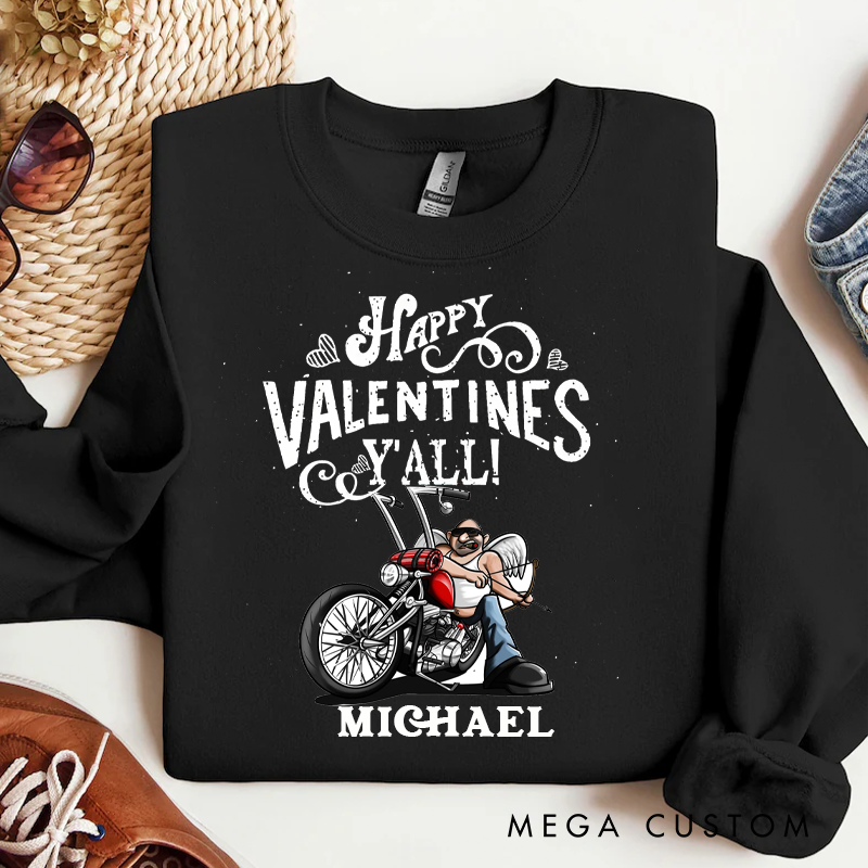 Personalized Happy Valentines Y'all Design Sweatshirt Custom Biker Cupid Sweatshirt