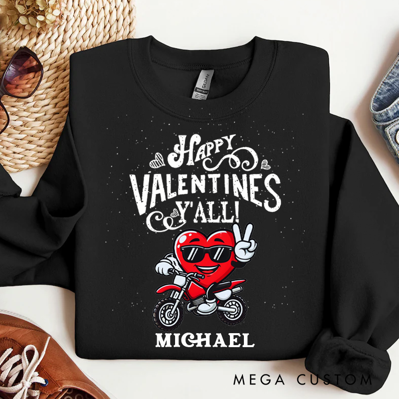 Personalized Happy Valentines Y'all Biker Heart Sweatshirt Custom Name Sweatshirt Valentine's Day