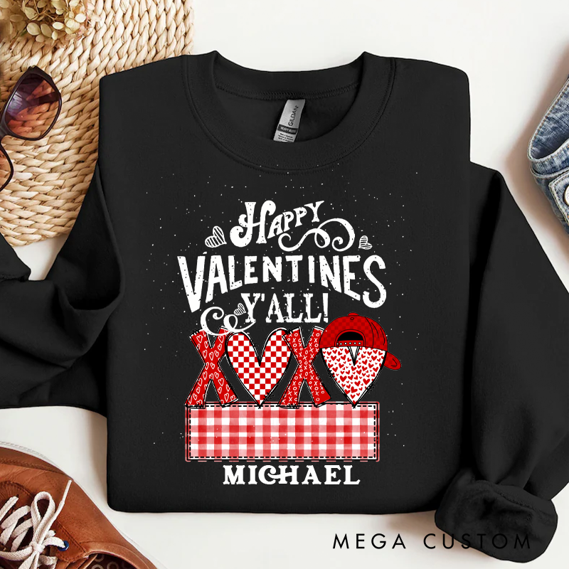 Personalized Happy Valentines Y'all Gingham XOXO Sweatshirt Custom Name Sweatshirt Valentine's Day