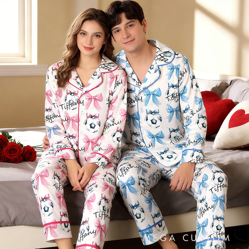 Personalized Couple Soccer Pajamas with Custom Name and Bow Design Gift for Anniversaries Valentine’s Day