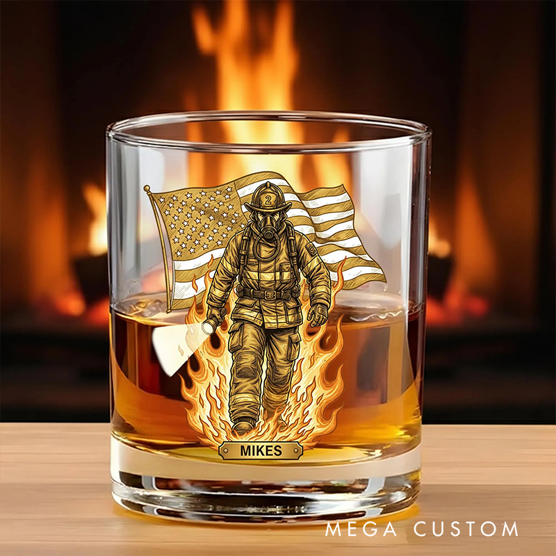 Personalized Whiskey Glass with Firefighter and Flag Custom Drinkware for Firefighter