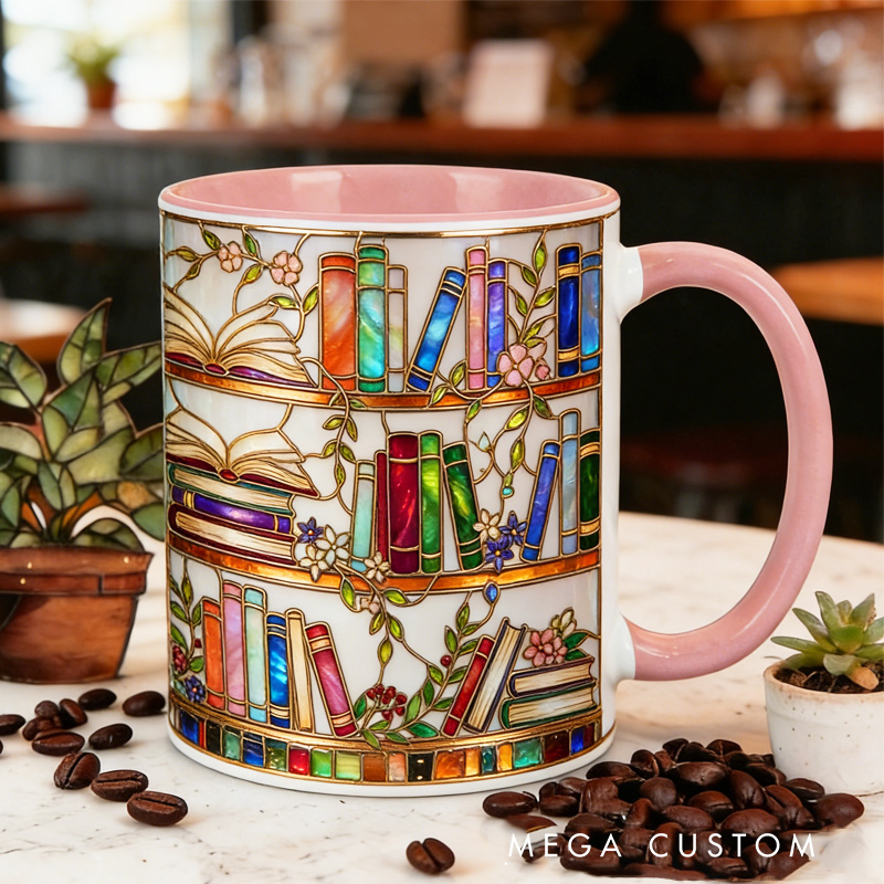 Personalized Stained Glass Floral Bookshelf Mug Custom Colorful Bookish Reader Coffee Cup with Name for Bookworm Reader Book Lover Booktoker Librarian Gift