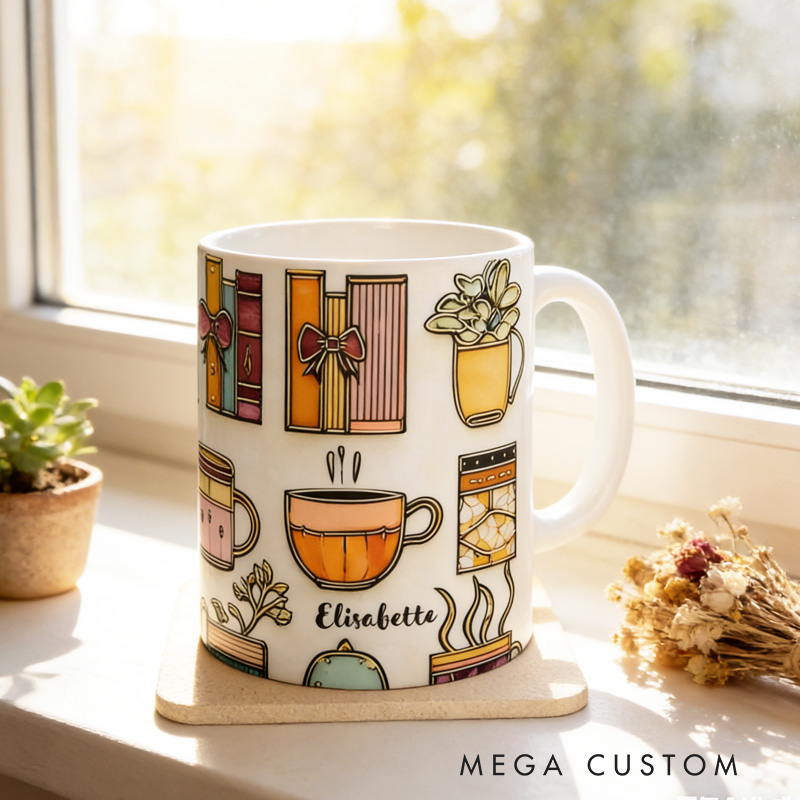 Personalized Stained-Glass Flower Book Mug Custom Floral Book Coffee Cup with Name for Bookworm Reader Book Lover Librarian Gift