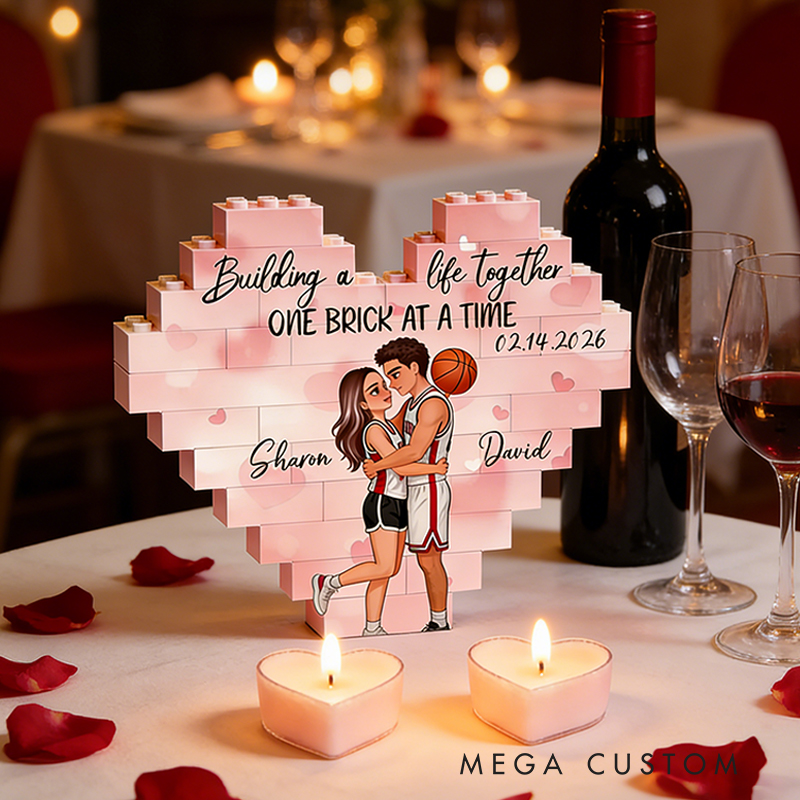 Personalized Basketball Couple Heart Building Block Building a Life Together One Brick at a Time  with Custom Names and Date Valentine's Day Gift