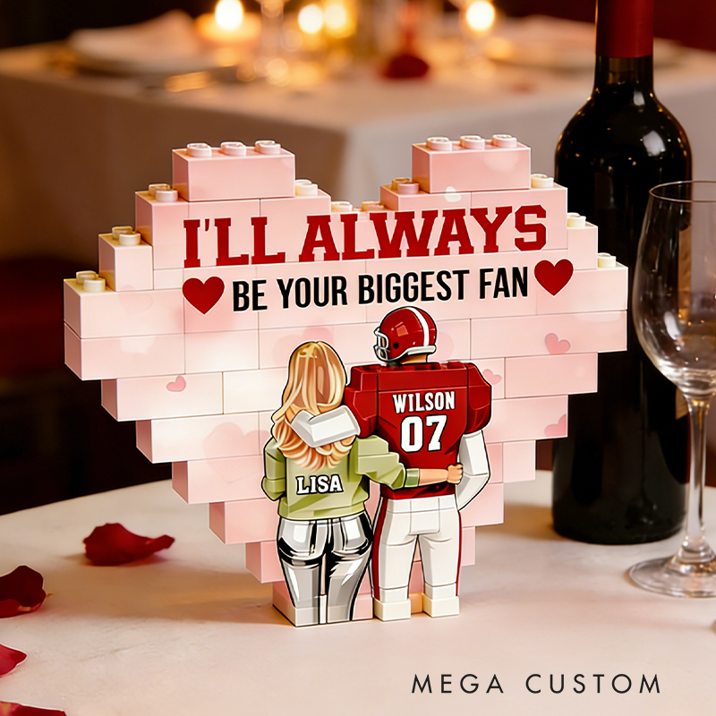 Personalized Football Couples Heart "Biggest Fan" Building Blocks with Custom Names and Number Valentine's Day Gift