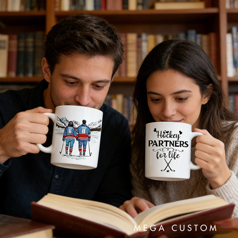 Personalized Couple’s Hockey Mug with Custom Names and Numbers for Hockey-Loving Couples