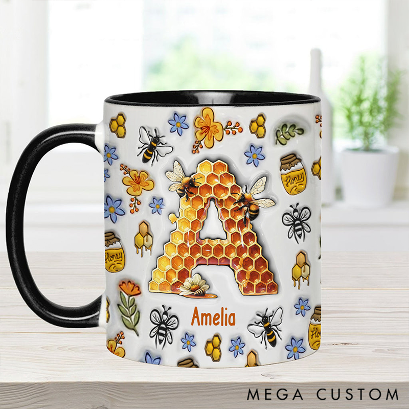 Personalized Stunning Bee Letter Mug Adorned with 3D Tool Embellishments Custom Name Engraved Mug for Avid Garden Lovers