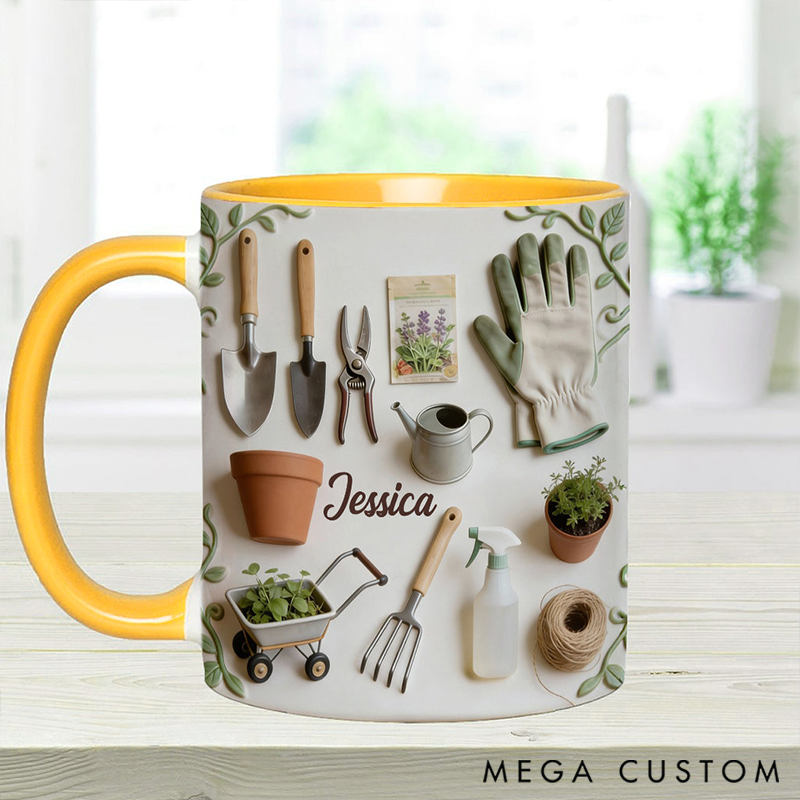 Personalized Love Gardening Mug Adorned with 3D Tool Embellishments Custom Name Engraved Mug for Avid Garden Lovers