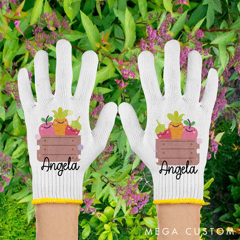 Personalized Name Gardening Gloves with Cute Vegetable & Fruit Crate Embroidery: Adorable, Functional Work Gear for Garden Lovers