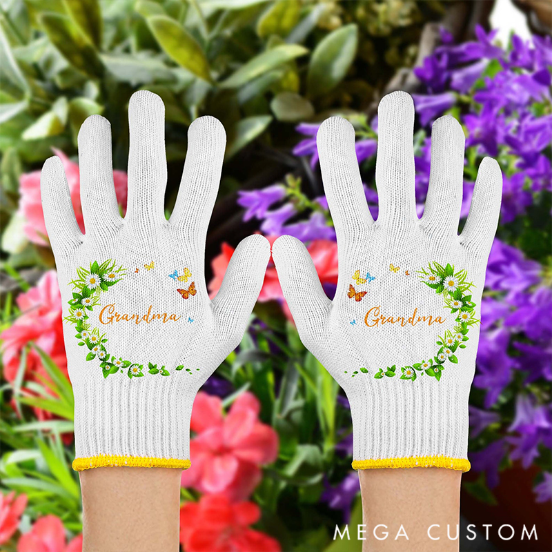 Personalized Name Gardening Gloves Decorated with Floral Wreaths & Butterflies Heartwarming Functional Tools for Beloved Gardeners