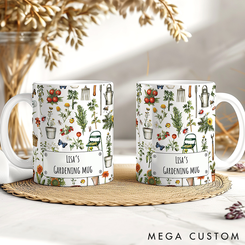 Personalized Gardening Mug Adorned with Botanical Tool & Insect Prints Charming Functional Drinkware for Green-Thumb Enthusiasts