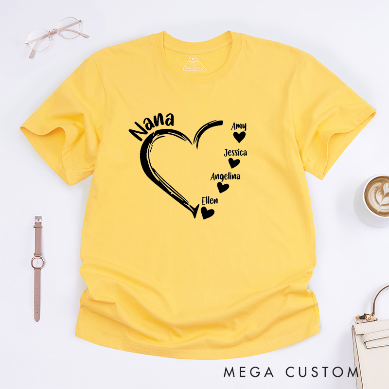 Personalized Nana T-Shirt Custom Heart Design Gift for Grandmother Mother's Day Birthday Comfortable Cotton Shirt for Women Unique Grandma