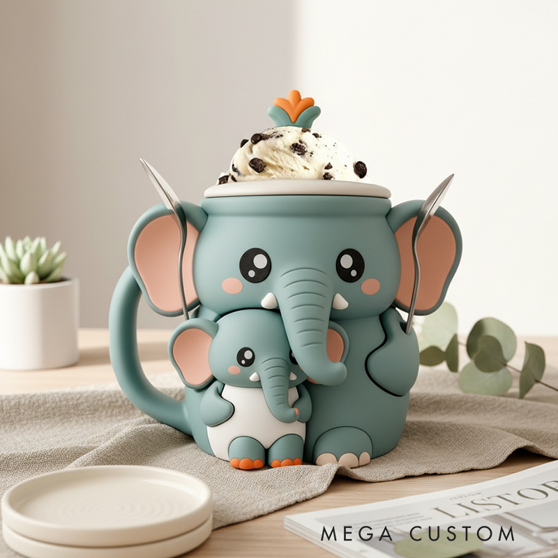 Personalized Adorable Elephant Ice Cream Cozy Pint Holder 3D Printed with Spoon Slots for Mom Kids Ice Cream Lover