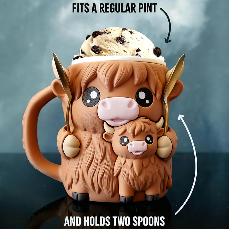 Personalized Highland Cow Ice Cream Cozy Pint Holder 3D Printed with Spoon Slots & Snack Drawer for Mom Kids Ice Cream Lover